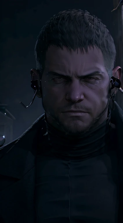 Dark gothic village in the background, old Chris Redfield from Resident Evil 8, 4, muscular male, tall and hunk, black cold turtleneck, straps, earpiece, beard, handsome face, deadpan, video games style, high resolution:1.2, best quality, masterpiece, dark nightime, dark atmosphere, volumetric lighting, shadow, portrait, face close up, looking at viewer