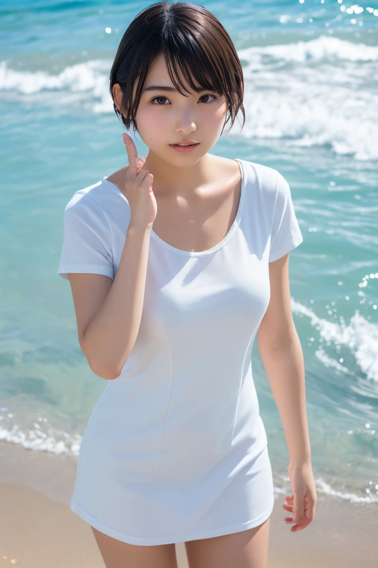 1girl, woman, 25 years old woman, girl in summer clothes, beautiful, medium breasts, flirtatious look, ((very detailed)), photorealistic image, high res, looking at viewer:1.8, (1girl eyes looking at viewer:1.55), Plain costumes, Simple Background, Emphasis on the chest, Hands behind the body, White outfit, whole body, Raise your arms and show your armpits, show your armpits, hands behind head, waki, photorealistic, (bokeh), best quality, 8k, UHD