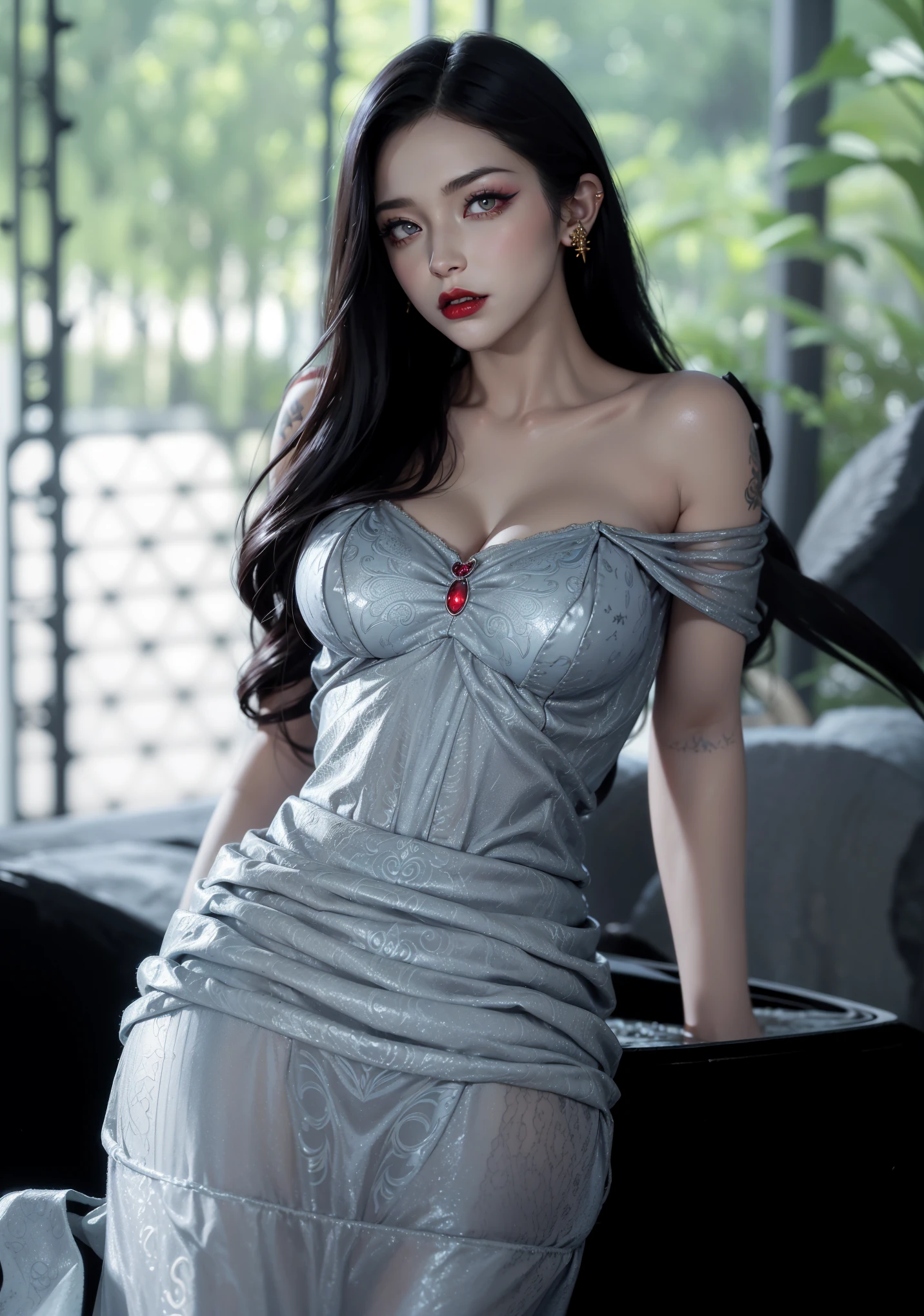 photorealistic, high resolution, soft light,1women, solo, hips up, shinning skin, (detailed face), jewelry, tattoo, elegant dress, one-piece dress, long hair