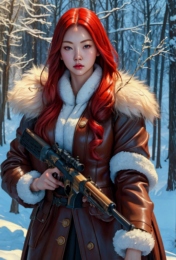 (Best quality, masterpiece:1.4), (realism:1.2), (surrealism:1.2), (absurdity:1.2), (Photo realism:1.3), Realistic skin, a huntress girl holding a rifle in a snowball fight pose, asian, blade and soul, calligraphic style, long red hair, leather and fur coat, cold, artwork, 3D, 4K, detailed, photorealistic