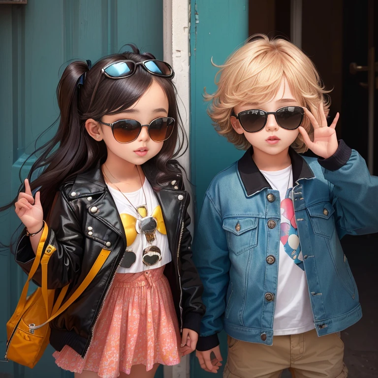 girls blonde children WITH STRAIGHT HAIR, BLUE LEATHER JACKET AND BLACK CLOTHING, .STANDING NEXT TO EACH OTHER IN FRONT OF A RED CURTAIN, BEAUTIFUL PORTRAIT OF TWIN TWINS, CUTE TWINS, CHILDREN, GORGEOUS SCI-FI TWINS, TWO GIRLS, YOUNG GIRLS, SISTERS, DASHA TARAN, CHILDREN, BY Julia Pishtar, children, lookalike, by Anato Finnstark, with a twin, Next Generation