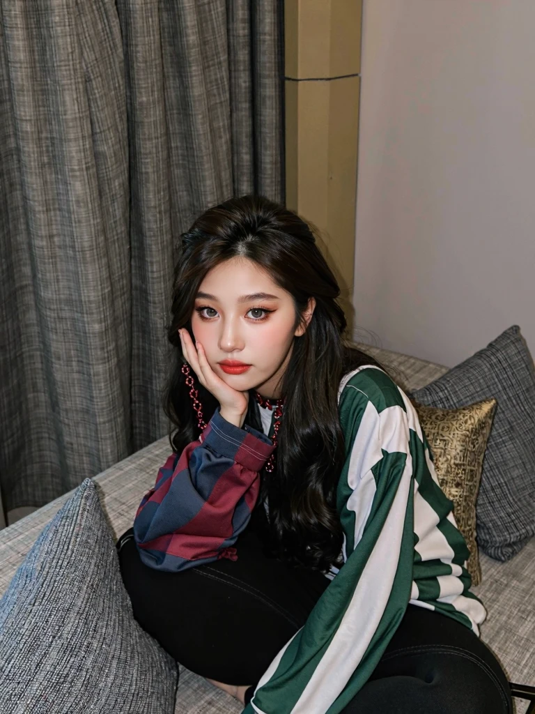 The Alafi woman sat on the sofa,hand on chin, ulzzangs, She has black hair,By bangs, portrait of jossi of blackpink, belle delphine, sui ishida with black hair, jossi of blackpink, lalisa manoban of blackpink, with full bangs, cruel korean goth girl, jisoo from blackpink, hair blackbangs hair,Open-mouthed,teeth