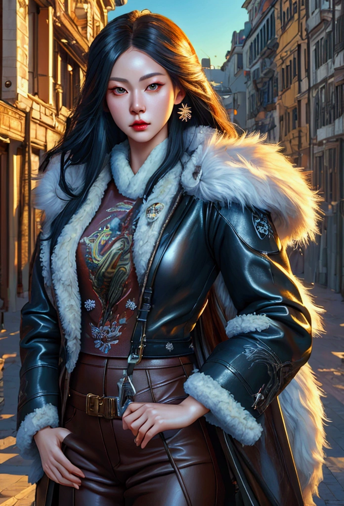 (Best Quality, Masterpiece: 1.4), (Realism: 1.2), (Surrealism: 1.2), (Absurdity: 1.2), (Photorealism: 1.3), Realistic Skin, Hunter Girl with Rifle in Snowball Pose, Asian, Blade and Soul, Calligraphy Style, Long Black Hair, Leather and Fur Coat, Cold, Artwork, 3D, 4K, Detailed, Photorealism