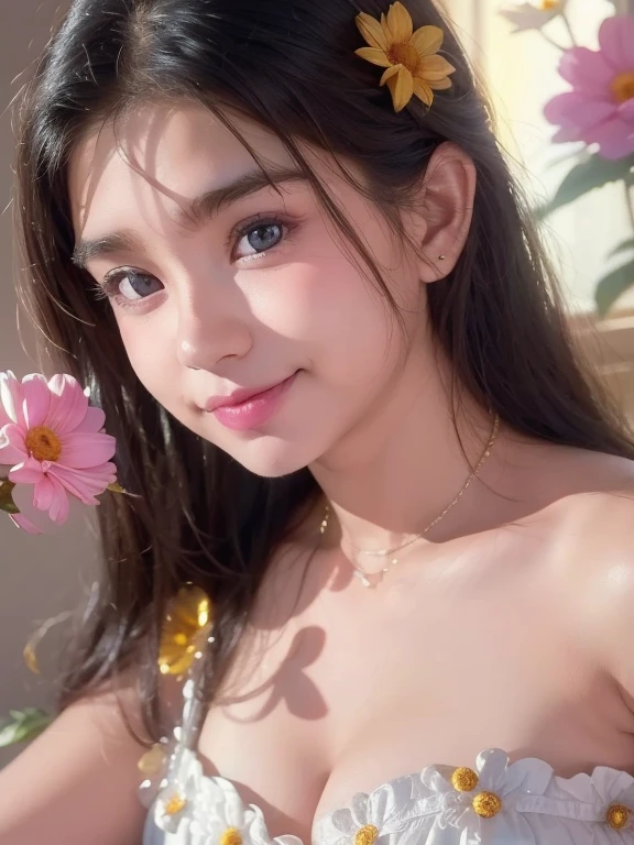 (best quality:1), (high quality:1), detailed/(extreme, highly, ultra/), realistic, studio lighting, vivid colors, 1girl/(beautiful, delicate, perfect/), face, breasts/(cleavage/), depth of field, looking at viewer, smile, flower