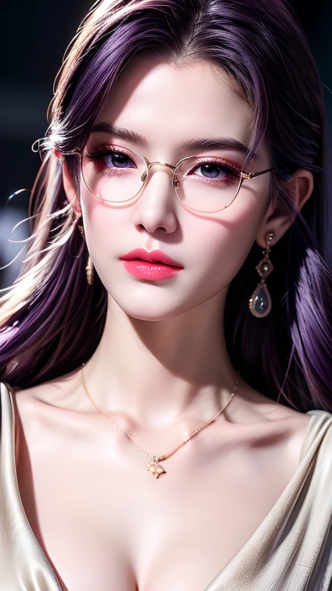 Top CG, Highest image quality, Masterpiece delicate and delicate girl, (185cm beauty), (Slender figure), Imperial sister, Queen temperament, Fair skin, ((Long legs)), Perfect facial features, Bright eyes, posture, Red lips, Beautiful and cold (A major breakthrough)), Beautiful and heroic, (Firm big breasts)Soft and long hair, Sparkling wine, Lace edge, net, Skin visible through perspective, Wearing glasses, Gold frame glasses,Diamond Earrings, Ruby Necklace, (Evening Dress), 8K Image Quality, (Realistic Portraits), Characters fill the screen, (Facial lighting), ((permanent),Purple Hair。