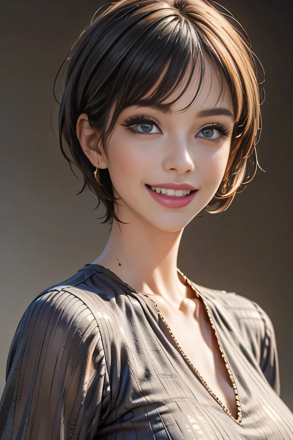 1 Beauty, (1 supermodel), (Perfect Anatomy), Anatomically correct body shape, (cowboy shot), Golden Ratio, (Best Quality:1.4), 32k resolution, (Realistic:1.5), (超Realistic:1.5), High resolution UHD, (masterpiece:1.2)), (Improved quality:1.4), (Very beautiful facial details), (Grin), (Best quality realistic skin texture), ((random color silk dress:1.37)), Big earrings, necklace, (huge Breasts:1.3), (thigh), (huge ass), Accurate Fingers, Very detailed, Beautiful Eyes, Double eyelids, Eyelashes, Shaping your eyebrows, ((Very detailed portraits)), Red cheeks, Ultra-realistic eyes, Perfect Lips, Perfect Eyes, Perfect Iris, Natural Makeup, [Pink lipstick], ((A great eye for quality:1.2)), (Beautiful Lips:1.33), (Great nose:1.2), (Large Breasts), brunette pixie cut, ((Realistic)), ((Sharp focus)), (Highest Resolution), ((The most ridiculous quality)), ((masterpiece)), Professional Cinema Lighting, See-through