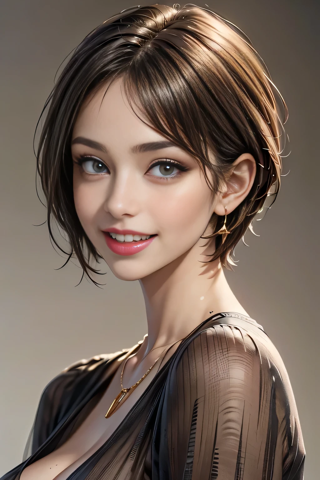 1 Beauty, (1 supermodel), (Perfect Anatomy), Anatomically correct body shape, (cowboy shot), Golden Ratio, (Best Quality:1.4), 32k resolution, (Realistic:1.5), (超Realistic:1.5), High resolution UHD, (masterpiece:1.2)), (Improved quality:1.4), (Very beautiful facial details), (Grin), (Best quality realistic skin texture), ((random color silk dress:1.37)), Big earrings, necklace, (huge Breasts:1.3), (thigh), (huge ass), Accurate Fingers, Very detailed, Beautiful Eyes, Double eyelids, Eyelashes, Shaping your eyebrows, ((Very detailed portraits)), Red cheeks, Ultra-realistic eyes, Perfect Lips, Perfect Eyes, Perfect Iris, Natural Makeup, [Pink lipstick], ((A great eye for quality:1.2)), (Beautiful Lips:1.33), (Great nose:1.2), (Large Breasts), brunette pixie cut, ((Realistic)), ((Sharp focus)), (Highest Resolution), ((The most ridiculous quality)), ((masterpiece)), Professional Cinema Lighting, See-through