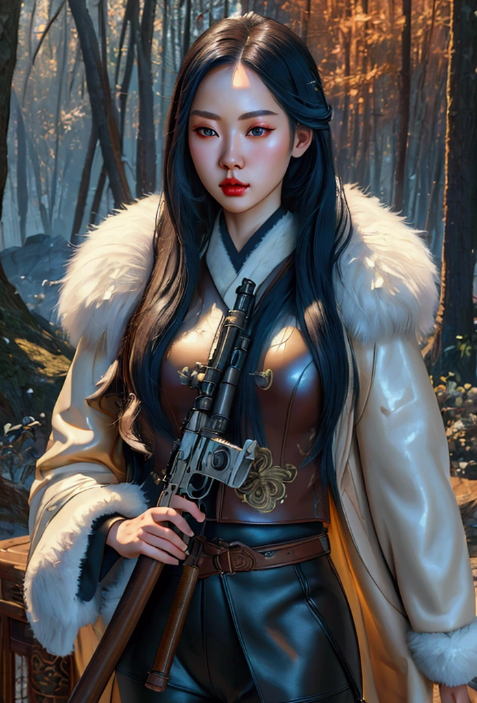 (Best Quality, Masterpiece: 1.4), (Realism: 1.2), (Surrealism: 1.2), (Absurdity: 1.2), (Photorealism: 1.3), Realistic Skin, Hunter Girl with Rifle in Snowball Pose, Asian, Blade and Soul, Calligraphy Style, Long Black Hair, Leather and Fur Coat, Cold, Artwork, 3D, 4K, Detailed, Photorealism