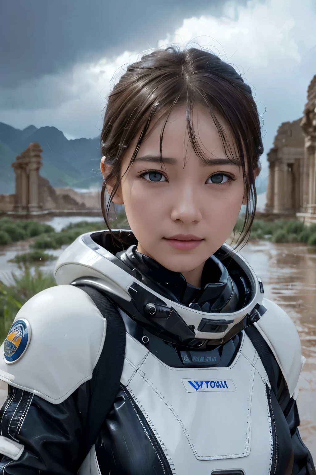Ultra-high resolution、(Real:1.4)、One beautiful woman、Beautifully detailed eyes and skin、Tired face、Light brown short hair、A Little Smile、Small Bust、A smart space suit、Wet with rain、Rain Valley、cliff、desert、heavy rain、Black rain clouds、Spaceship in the distance、Ruins of an ancient civilization、Continuous rain、