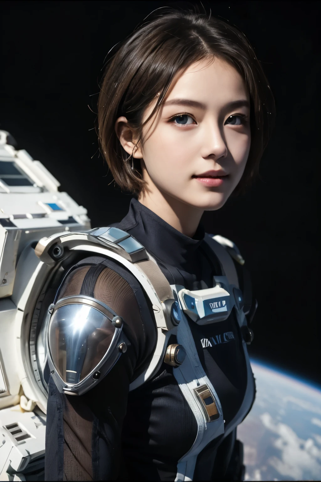 highest quality、masterpiece、ultra high resolution、(real:1.4)、Beautiful woman１、Beautiful details of eyes and skin、light brown short cut hair、small smile、perfect space suit、spaceship、macrocosm、Remains、blue sky、