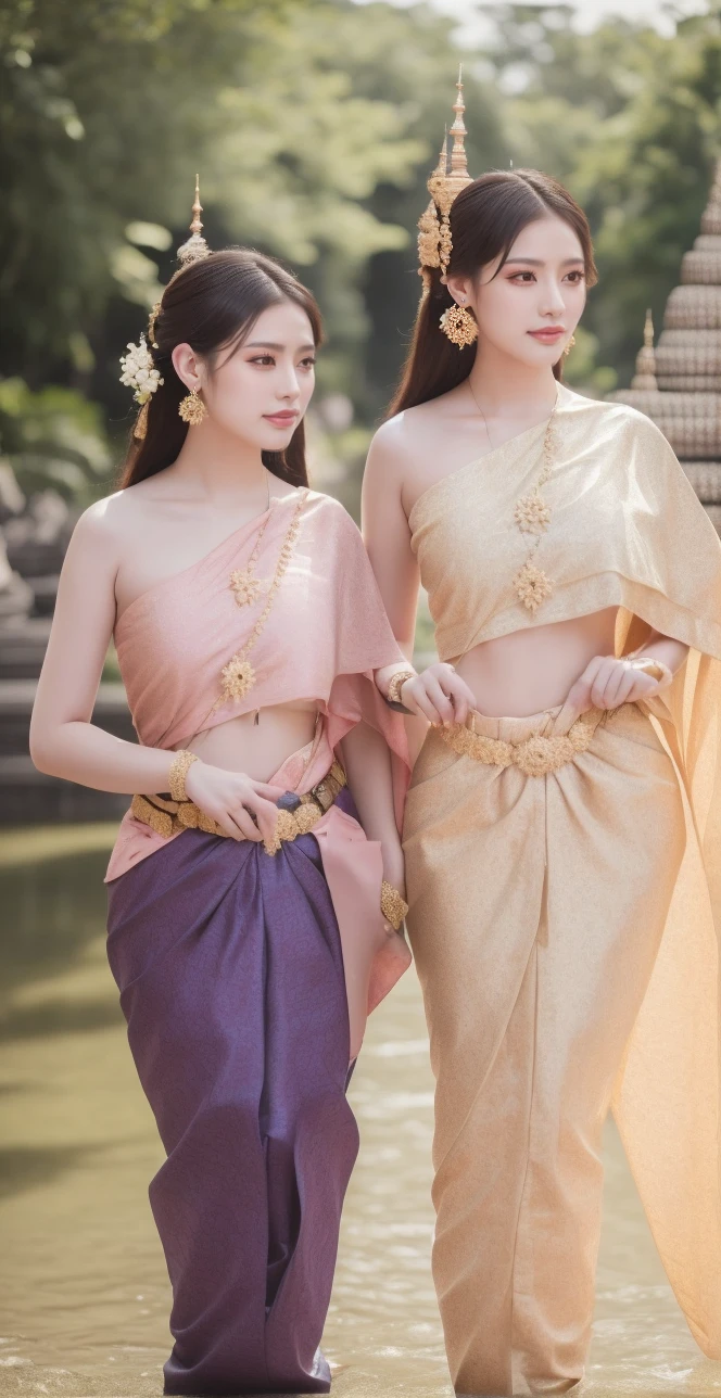 ((((Two young women ,Beautiful woman)))),Native girl，long, Blonde hair , Blue eyes , braid ,Purple Thai dress,กระโปรงไทยโบราณlong，Holding a jasmine garland,countryside，countryside，Beautiful scenery，Ancient sites of Ayutthaya，Smile with your teeth，forehead，forehead exposed，big ，break, ,(Two young women ,Beautiful woman),หน้าอกbig,Show your boobs,รอยbreakเห็นชัด......,((หัวนมbig))，(Pubic bone), break, Visible breasts,Seductive pose,I saw swollen nipples...,(((areolae ขนาดbig:1.4,pink,The nipples are clearly visible..........))),((dance,Thai dance)))