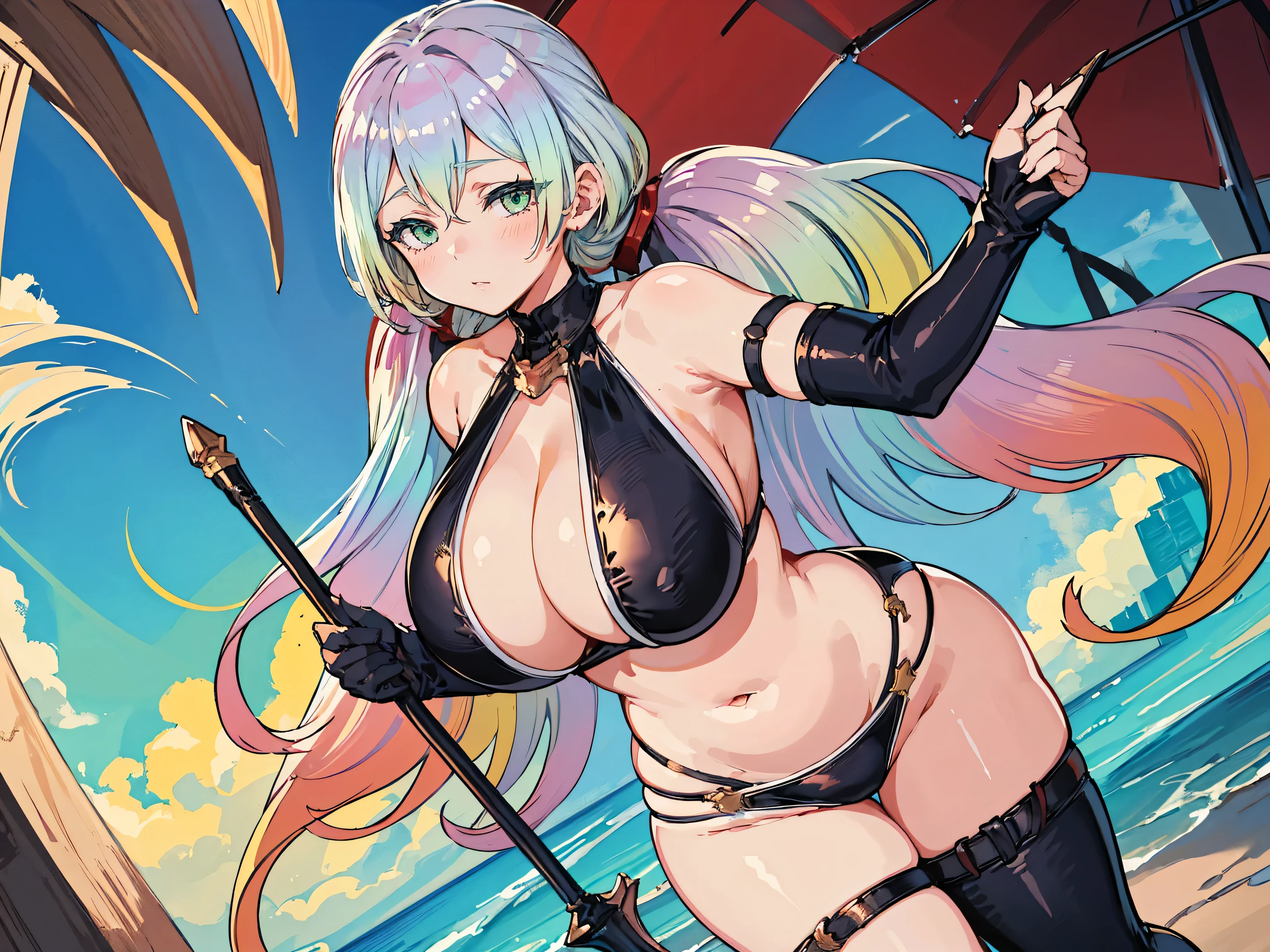 (Best Quality, 8k, masterpiece: 1.3),Voluptuous body,1girl, pinch \(granblue fantasy\), large breasts, thighs, multicolored hair, multicolored eyes, gradient hair, twintails, bangs, low twintails, very long hair,bare shoulders, gloves, thigh strap, black bikini,Plump,Green Eyes