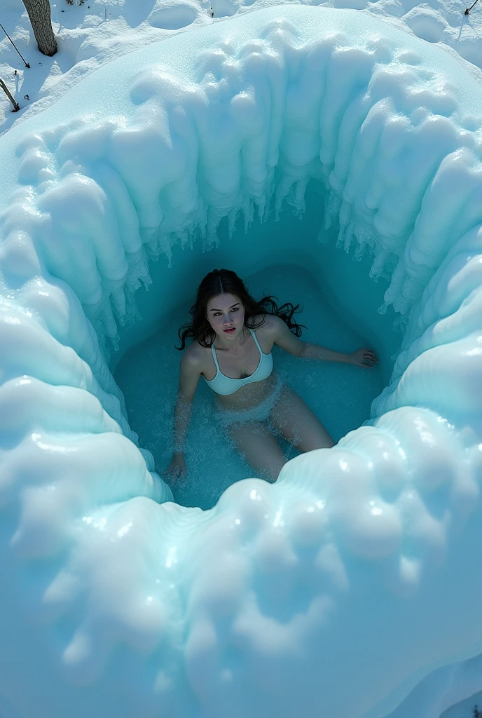 Snow White, bathing in lake, topless, winter, waterfall, (Sanfte Hintergrundbeleuchtung), realistisch, Meisterwerk, highest  quality, Blendenfleck, [[chromatische Aberration]],Bester Schatten, Fotorealismus, Hyperrealismus