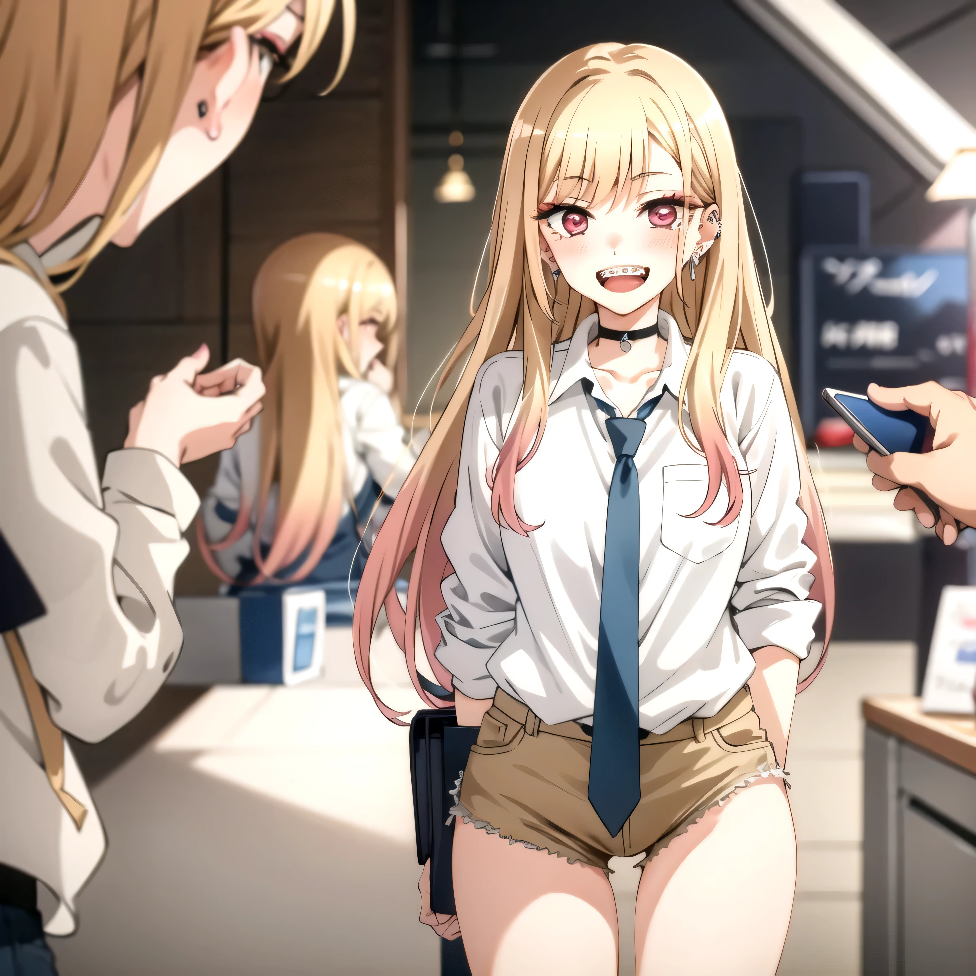 (1) A woman squats down with her index finger to her mouth、winking. her panties are almost visible.
(2) She's a gal, long blonde hair and gal makeup.
(3) The woman wears a yellow sleeveless turtleneck knit, blue mini skirt, and long brown boots.
(4) The location is the entrance to the movie theater..