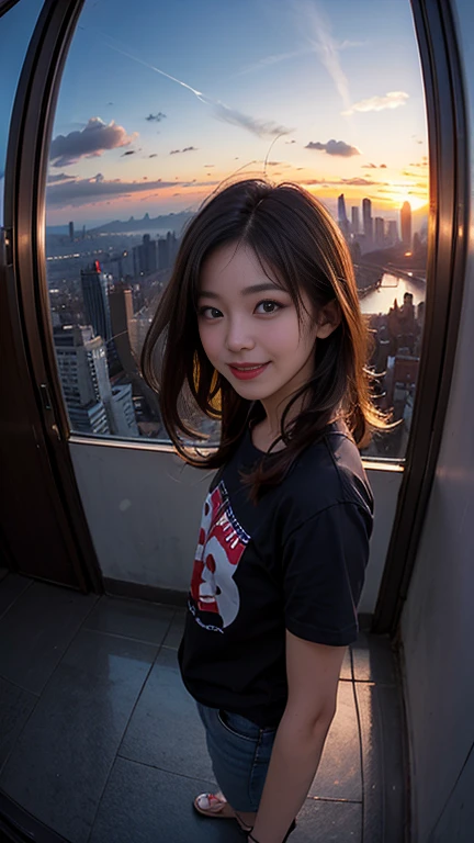 One girl, Korean, Fisheye Lens, Selfie, Wind, Messy Hair, sunset, Cityscape, (Aesthetics and atmosphere:1.2),smile
