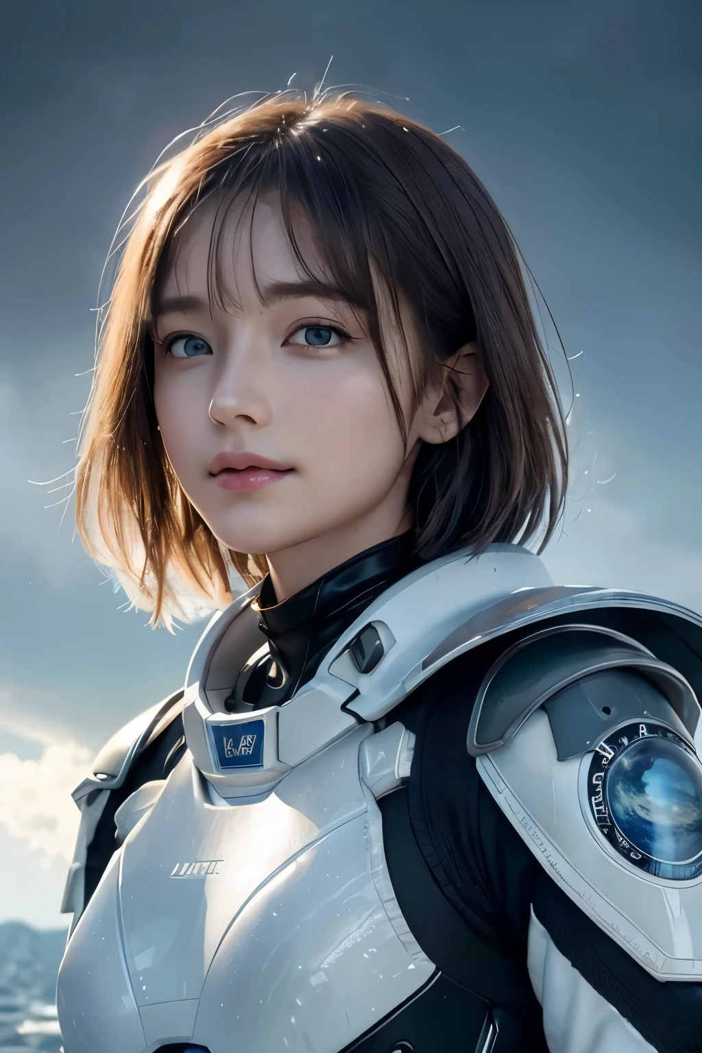 Ultra-high resolution、(Real:1.4)、One beautiful woman、Beautifully detailed eyes and skin、Light brown short hair、A Little Smile、Small Bust、A smart and simple space suit、Water Planet、Land covered in water、Black rain clouds、Spaceship in the distance、light rain、
