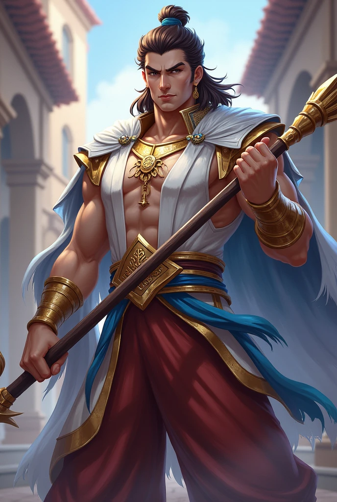 ### Full-body image: Genie of the Lamp
**Description:**
masculine and sallow face - **kor:** 17 years - **Height:** 1,90 m
- **body type:** Slim and defined - **body hair:** 小柄, covering the eyes - **Skinned:** Pale with runes inscribed on the body - **dark circles:** visible, giving an imposing appearance - **badass clothing:**
- **Top:** Veil fabric crop top with blue and black sleeves, with fabrics flowing from the bottom - **pants:** loose, com um degradê de tons de azul, bouffant at the bottom and with a bell-bottom adorned with triangular details - **Accessories:**
- **jewelly:** aretes, wristbands, rings, ankle bracelets, gold necklaces and chains - **face ornaments:** Gold on the face, inspired by Egyptian and Indian styles - **styled:** emo, with a masculine touch - **pantsdos:** barefoot, with transparent veils - **might:** Ability to fulfill desires
**Additional note:**
- This genie lamp combines classic and modern elements, displaying a mix of grandeur and elegance with a touch of rebellion and mystery.