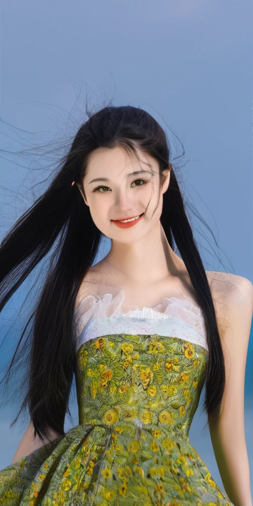 64ｋ，Ultra-high resolution, masterpiece, accurate, Anatomically correct, 超最high quality,  超high quality, Very detailed, Ultra high definition, Ultra-realistic high detail, High-resolution model,Full body photo，Full body angle， Height: 160cm，Long Hair, Black Hair, とてもLong Hair, ponytail, Hair blowing in the wind, Japanese hairstyle, chest, smile, A seductive smile,   accessories, abstract，A youthful face，1〜A young woman aged 25， ((Face your body forward))，Flying through the sky on a broom，high quality, Textured skin, Hollow Eyes, smile, A seductive smile, Dark Eyes，Ultra-detailed, Reality,  Surrealism, One girl, solo, chestのサイズCカップ，