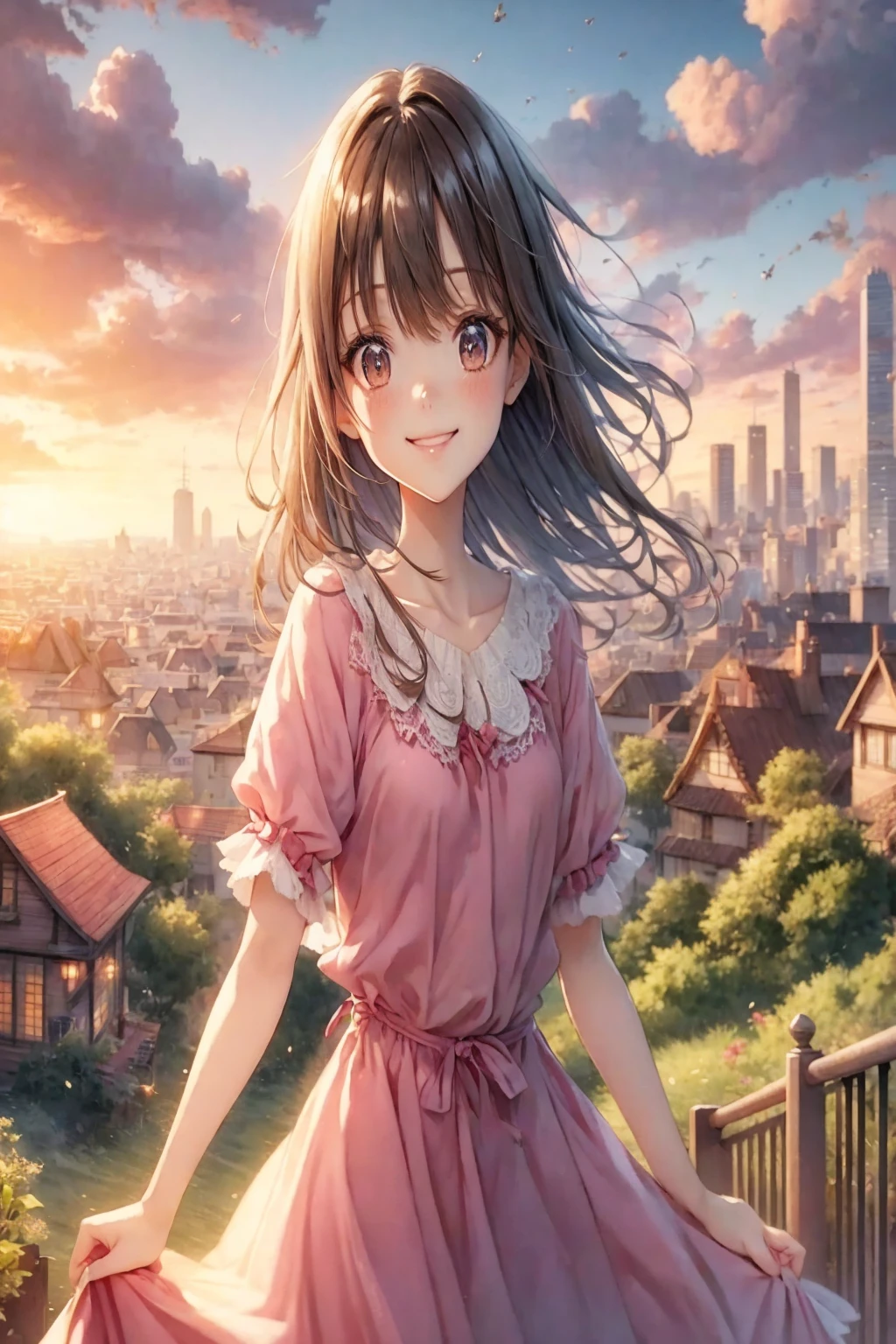 anime smiling girl in pink dress standing on a balcony overlooking a city, anime visual of a cute girl, smooth anime cg art, anime best girl, anime style 4 k, 4 k manga wallpaper, anime visual of a young woman, 4k anime wallpaper, beautiful anime girl, anime wallpaper 4k, anime wallpaper 4 k, anime art wallpaper 4k