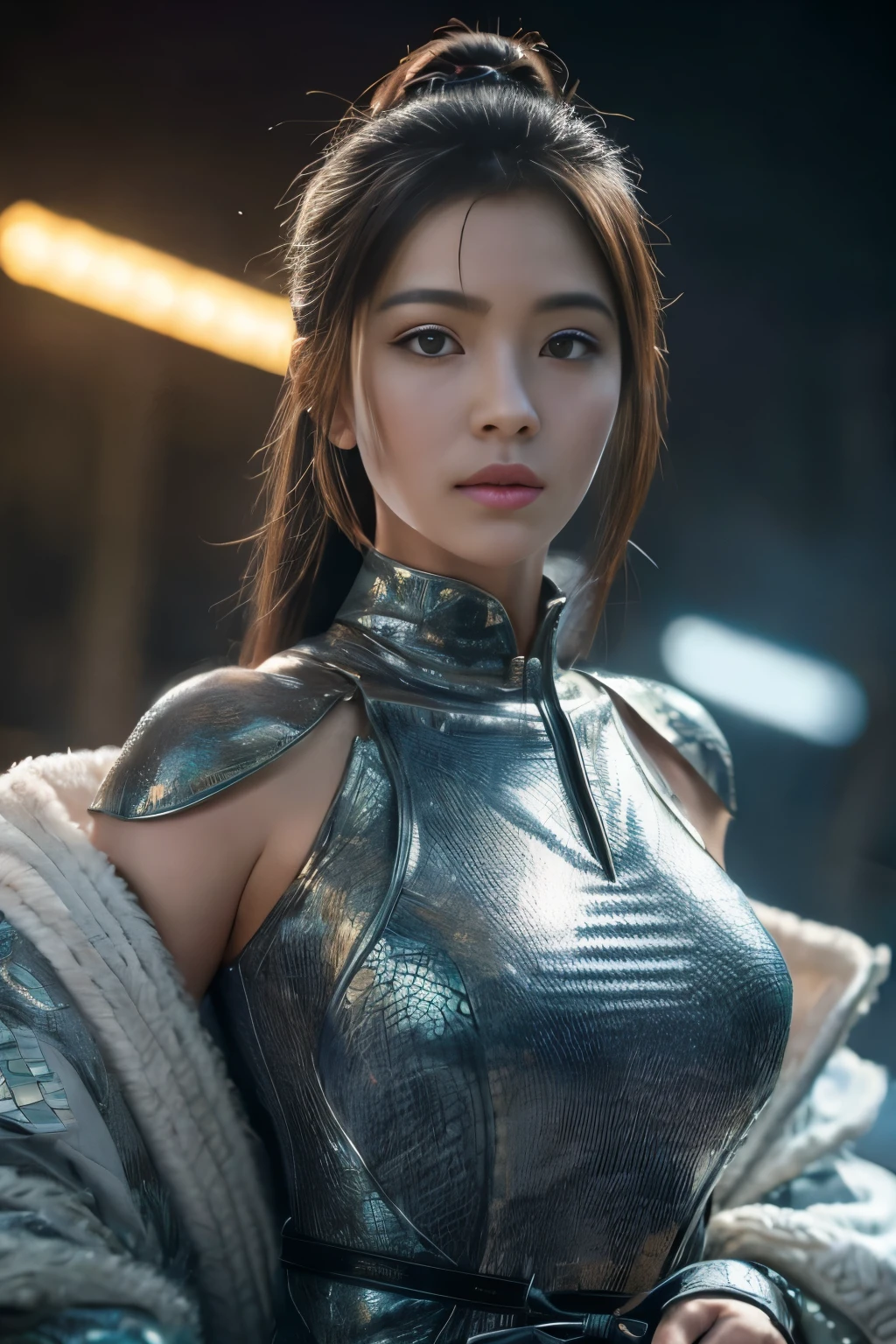 (high quality), (masterpiece), (detailed), 8K, Hyper-realistic portrayal of a futuristic (1girl1.2), Japanese character adorned with dragon scales. Meticulous details capture the seamless blend of tradition and innovation in this visually stunning composition. Trending on Artstation.