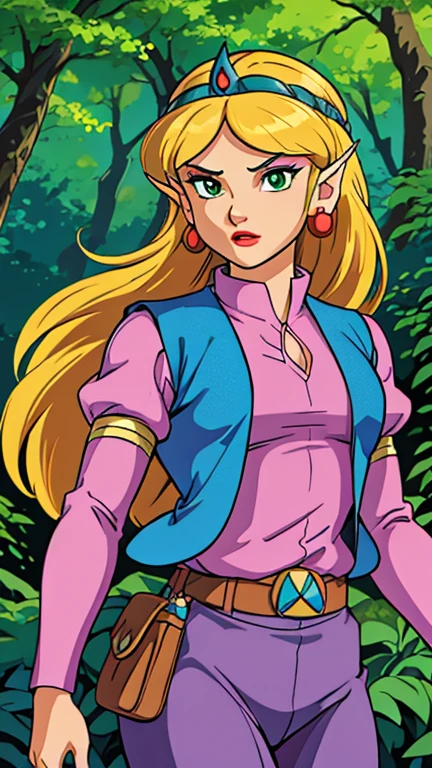 (Teens:1girl: tsmbsszelda), (extremely detailed CG unit 8k wallpaper),(master part), (best quality), (ultra detail), (best illustration),(digital art), standing, neutral pose, cowboy shot, (Sharp eyeliner, ombre, detailed eyes:1), forest, outdoor, ,break , (takahashi rumiko), upper body, (blonde hair, long hair, green eyes, earrings, lipstick, makeup, pointy ears, tiara, vest)