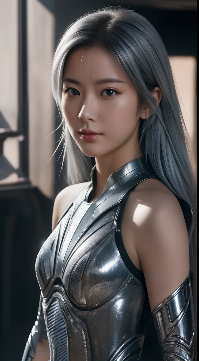 (Extreme Detail CG Unity 8K Wallpapers，tmasterpiece，Highest image quality)，(Delicate light and shadow，Cinematic lens effect)，Armor Girl，Silver-gray hair color，Marvel，dynamicposes)，Sharp eyes，Domineering，(Exceptional detail，The lighting effect is outstanding，Vista wide angle)，(Excellent rendering，Enough to stand out from the crowd)，Killer in smoke，ultracleadelity：1.4），（Reality：1.4），（close-up1.5）（Facial detail 1.5）