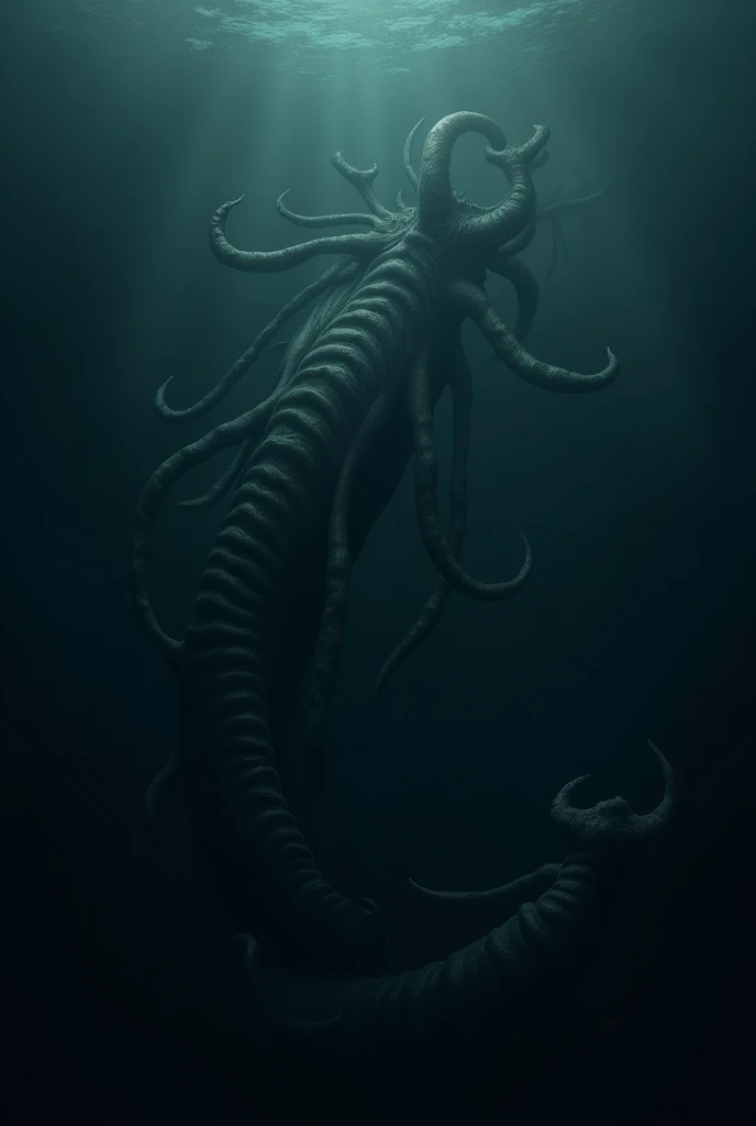 divine creature, God of the darkness of the abyss, a kind of spinal column with several arms in place of ribs, that stretch and envelop the creature itself entirely, bone face of a bull, the body is a huge column with several arms