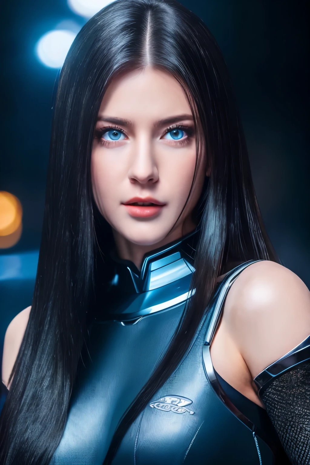 ((masterpiece, Highest quality, Best image quality, High resolution, Realistic, RAW Photos, 8k, Reality))、(girl)、Clear dark blue eyes、Sharp eyes、Thin Nose、Beautiful Face, 1 female、(girl:1.2)、(Black Hair、Long Straight Hair:1.2)、(looking at the camera:1.3)、sf、((Cyborg&#39;s body:1.5))、((White Mechanical Armor:1.2))、nsfw、((topless:1.8))