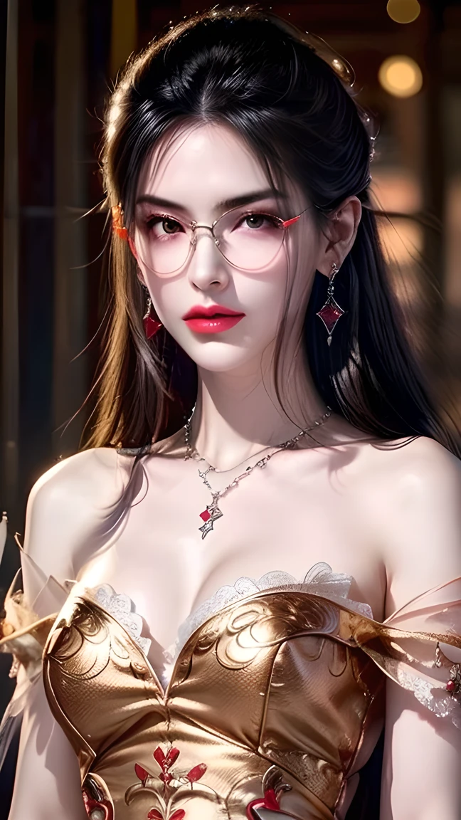 Top CG, Highest image quality, Masterpiece delicate and delicate girl, (185cm beauty), (Slender figure), Imperial sister, Queen temperament, Fair skin, ((Long legs)), Perfect facial features, Bright eyes, posture, Red lips, Beautiful and cold (A major breakthrough)), Beautiful and heroic, （Firm breasts）Soft and long hair, Sparkling wine, Lace edge, net, Skin visible through perspective, Wearing glasses, Gold frame glasses，Diamond Earrings, Ruby Necklace, (Evening Dress), 8K Image Quality, (Realistic Portraits), Characters fill the screen, (Facial lighting), ((permanent)