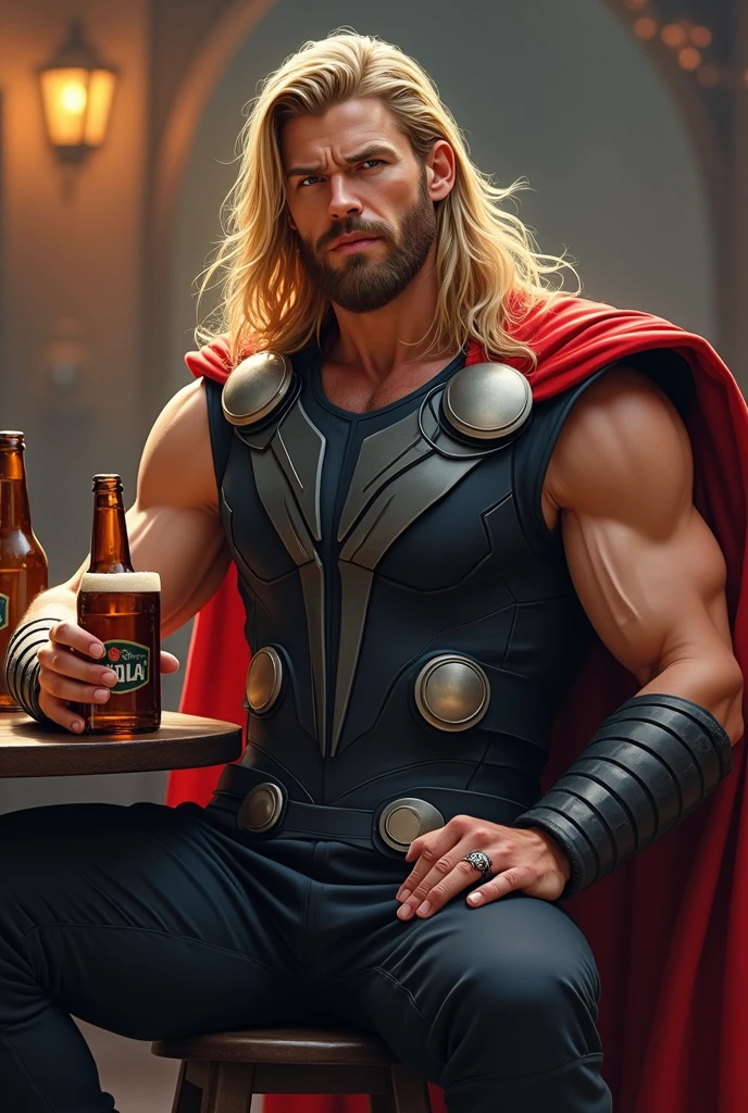 8k , masterpiece,  solo man , 1 man only , detailed face , detailed fingers,  detailed muscles,  detailed background,  chris hemsworth as thor relaxing on a chair with spreadlegs ,showing muscles and bulge  smiling , satisfied from his victory,  wearing his THOR SUIT , near him his hammer , drinking a glass of beer 