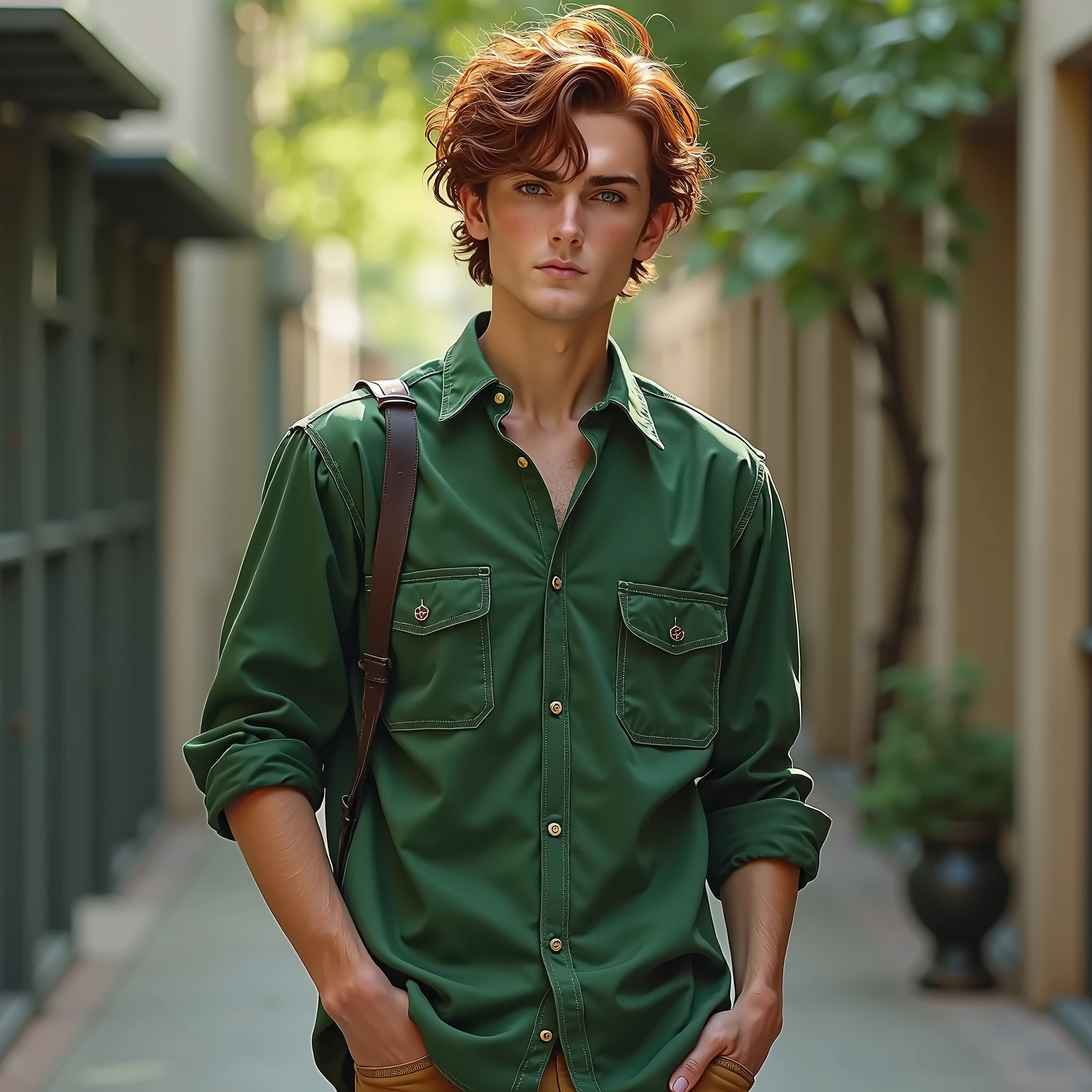 a man in a green shirt and blue jeans standing on a street, green shirt, wearing v - neck top, tight shirt, short sleeves, in tshirt, open v chest clothes, attractive neck, aykut aydogdu, in a dark green polo shirt, genzoman, ( ( dark green, wearing tight shirt, edon guraziu, dark green,fat body,