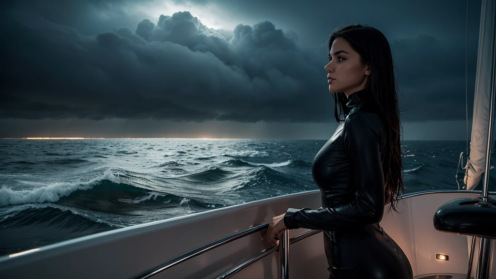 Close-up shot, a single wet, sexy 22 year old brunette woman, standing in a sinking, submerged wooden fishing boat, looking away from viewer, ocean waves, waves washing into boat, rocks, cliffs, small hands, cinematic, dramatic composition, dark stormy sky, (lightning), sharp focus, sense of awe