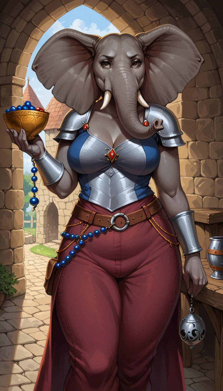 Top quality, masterpiece, high resolution, 1 woman, hi res, absurd res,old elephant, Dungeons and Dragons, character, female, curvy, calm face, solo, medieval, medieval pants, holding object, beads, correct hands, detailed hands