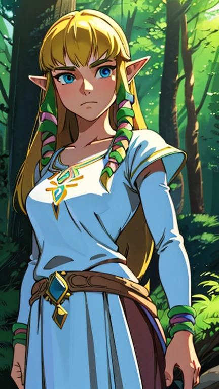 (Teens:1girl: princess zelda), (extremely detailed CG unit 8k wallpaper),(master part), (best quality), (ultra detail), (best illustration),(GHIBLI_Background), cowboy shot, (Sharp eyeliner, ombre, detailed eyes:1), forest, outdoor, ,break , (tomonorikogawa), upper body, sksw, white dress, hair tubes, hair ribbon,