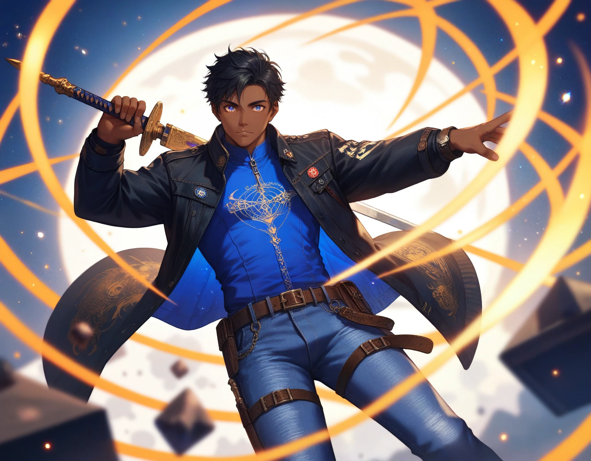 , score_9,score_8_up,score_7_up, Solo, 1 men, (masterpiece, high detailed) ,old men, dark tan skin, Bright eyes, short black hair, bulk body shape, wearing a black jacket and blue shirt, jeans pants, a golden sword with purple blade on his hands a energy particles and magic circles surround him, illustration 