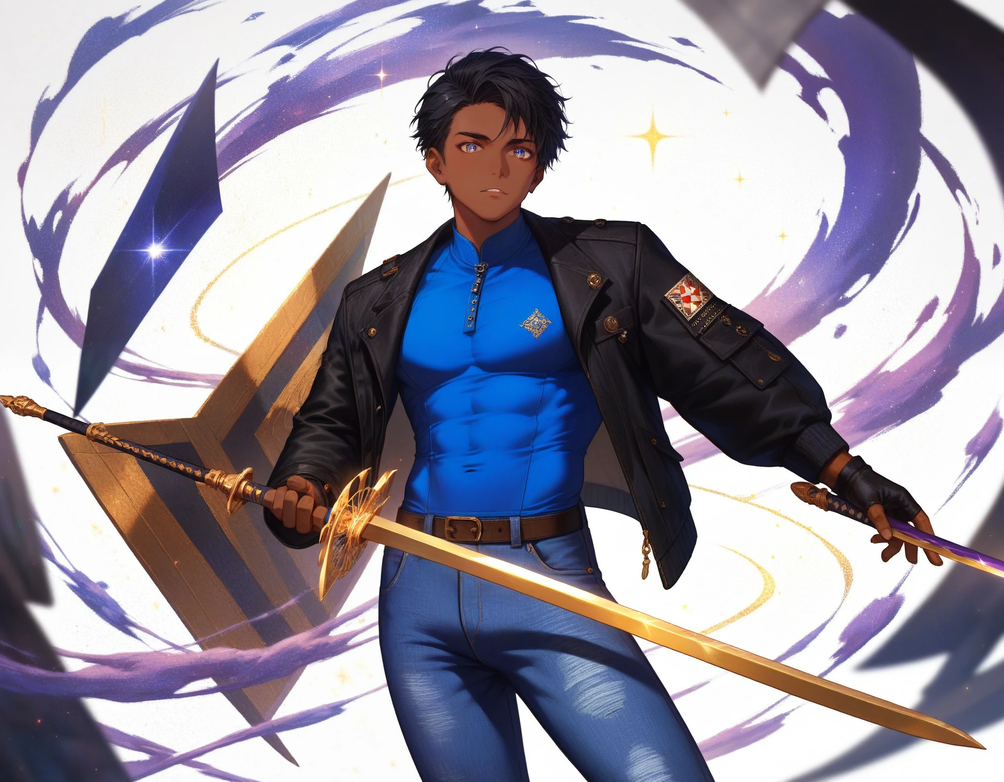 , score_9,score_8_up,score_7_up, Solo, 1 men, (masterpiece, high detailed) ,old men, dark tan skin, Bright eyes, short black hair, bulk body shape, wearing a black jacket and blue shirt, jeans pants, a golden sword with purple blade on his hands a energy particles and magic circles surround him, illustration 