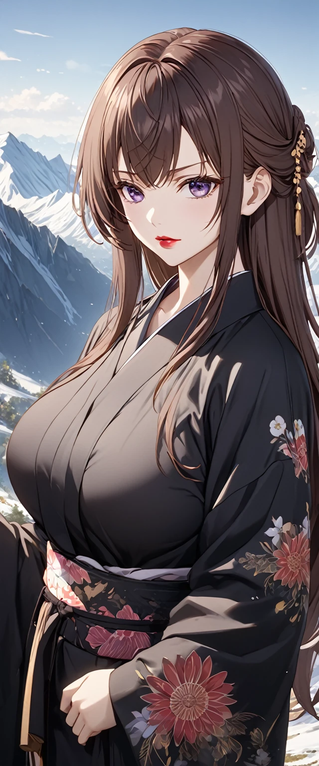 Detailed analysis, Detailed work, Best quality, 1440p clarity, Realistic light and shadow, anime, background, Mountain peak, From the series Alya sometimes hides her feelings in Russian., Suou Yuki, Long brown hair, Purple eyes, Black eyes, ตาแบบanime, Very big breasts, Wearing a black floral kimono, Wearing a black haori, Red lips, Wearing gold hair accessories