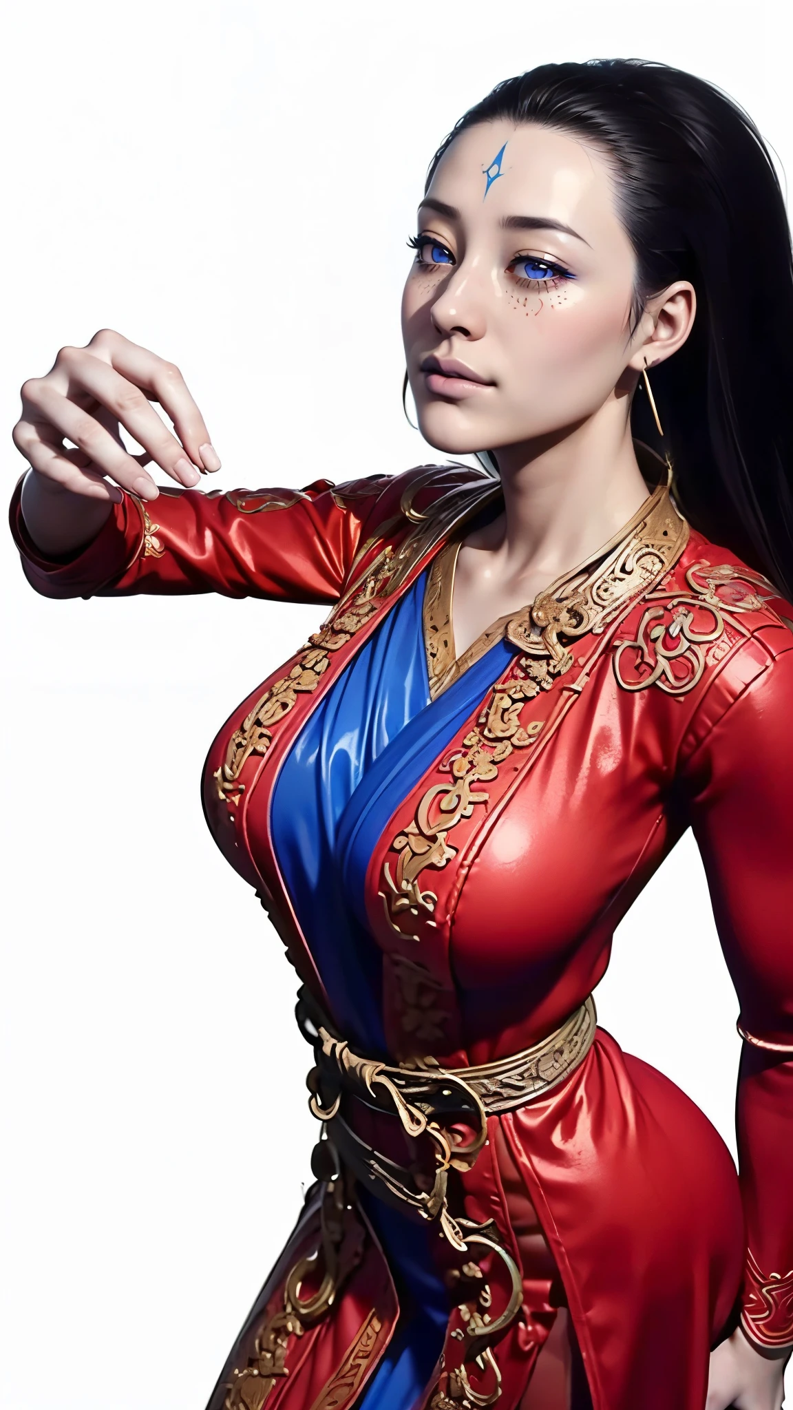 (（（Perfect body,White and tender skin,（（（Wearing a blue and red robe）））,(（（Black Myth: Wukong - Kang Jinlong，forehead mark，Blue marks on the forehead, rings on both ears,））),((masterpiece)),highres,((Best quality at best)),masterpiece,quality,Best quality,(（（ Exquisite facial features,Looking at the audience,There is light in the eyes, ）））,Huge breasts，Dynamic poses，，）））