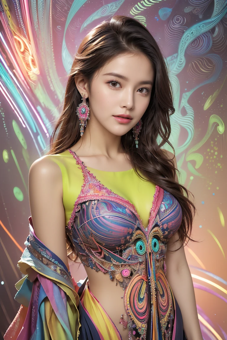 Ultra-high resolution、Ultra HD、8k、Ultra-realistic live-action、masterpiece、Real Live Action、(masterpiece, highest quality, highest quality, Official Art, beautifully、beautiful:1.2), (One Girl:1.3), Very detailed,(Fractal Art:1.1),(colorful:1.1)(Flowers:1.3),Most detailed,(Zentangle:1.2), (Dynamic pose), (Abstract background:1.3), nude, (Shiny skin), (Many colors:1.4), ,(Earrings:1.4),