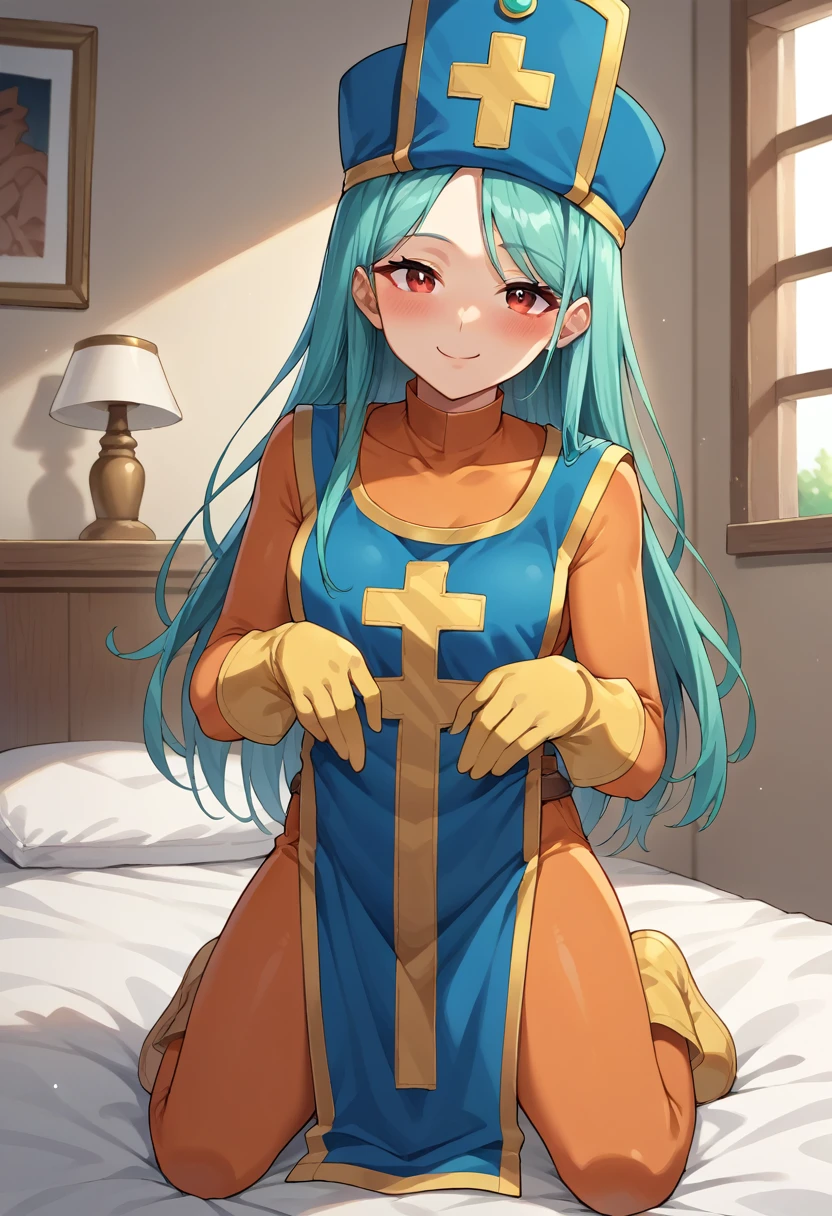 score_9, score_8_up, source_anime, dq3priest, aqua hair, red eyes, hat, orange bodysuit, tabard, cross, yellow gloves, seiza, kneeling, indoors, on bed, bedroom, smile, blush, 