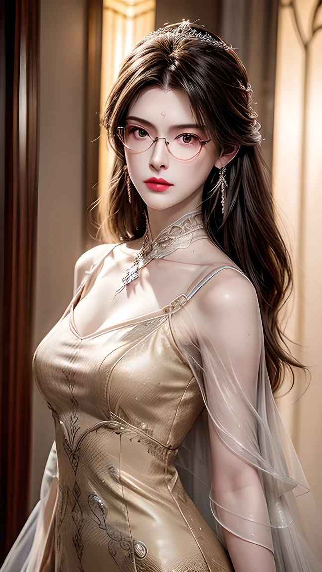 Top CG, Highest image quality, Masterpiece delicate and delicate girl, (185cm beauty), (Slender figure), Imperial sister, Queen temperament, Fair skin, ((Long legs)), Perfect facial features, Bright eyes, posture, Red lips, Beautiful and cold (A major breakthrough)), Beautiful and heroic, (Firm breasts)Soft and long hair, Sparkling wine, Lace edge, net, Skin visible through perspective, Wearing glasses, Gold frame glasses,Diamond Earrings, Ruby Necklace, (Evening Dress), 8K Image Quality, (Realistic Portraits), Characters fill the screen, (Facial lighting), ((permanent)