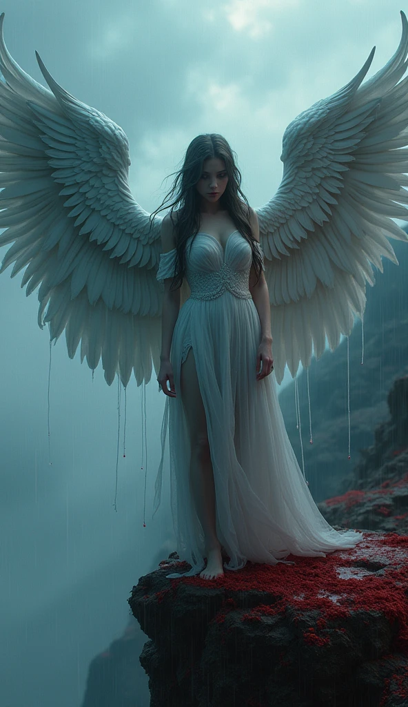 a woman with six majestic wings, tattered dress billowing in the wind, standing atop a mountain of corpses, angelic face, hasselblad CFV 100C 100mp, photorealistic, 8k, hyperdetailed, cinematic lighting, dark fantasy, dramatic pose, chiaroscuro, moody atmosphere, muted color palette, dramatic shadows, volumetric lighting, intricate details, gothic, mystical, ethereal, haunting