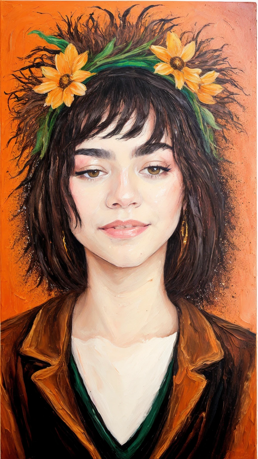 lady with flowers on her head is an acrylic painting, in the style of lucy glendinning, tony diterlizzi, organic and naturalistic compositions, floral explosions, ferris plock, light orange and brown, serene faces --ar 3:4 -