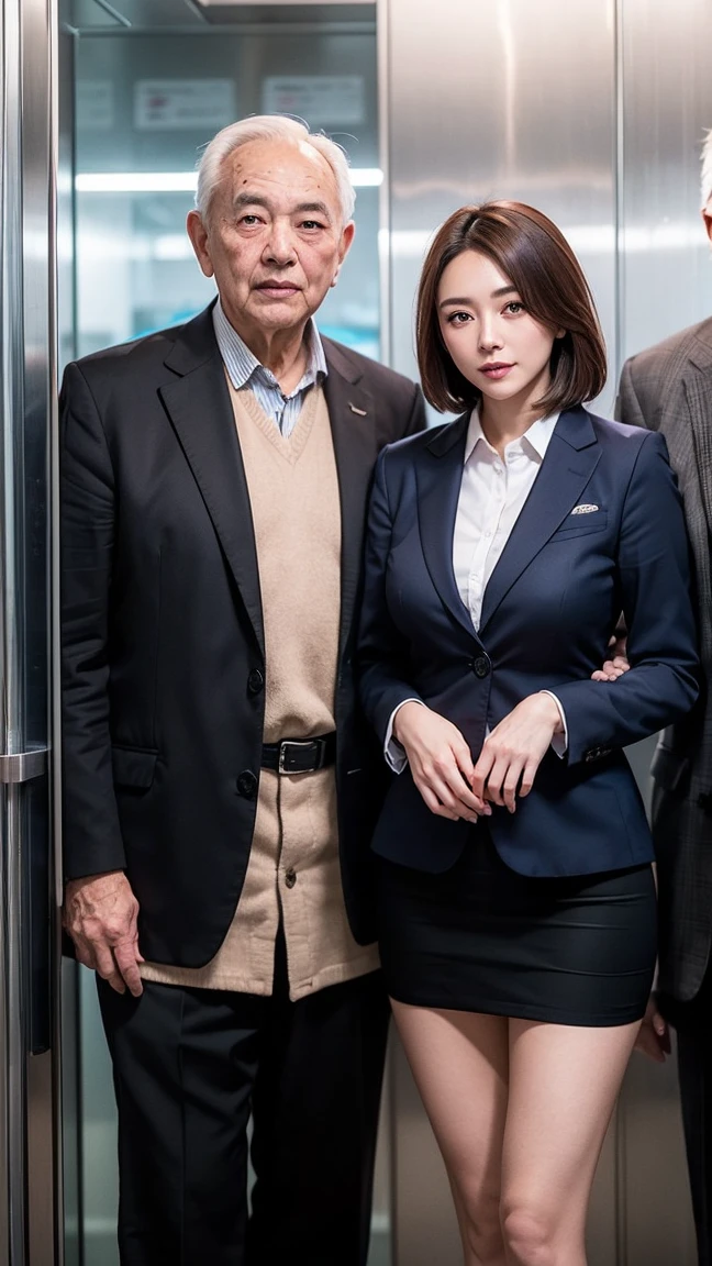 2boys, oldman, Photo of a young asian woman (sandwiched between two old guys), 1girl wearing crop business suit, thigh skirt , threesome, in a crowded elevator, detailed character design (masterpiece, photorealistic:1.2), high quality, intricate details, highly detailed background, 8k