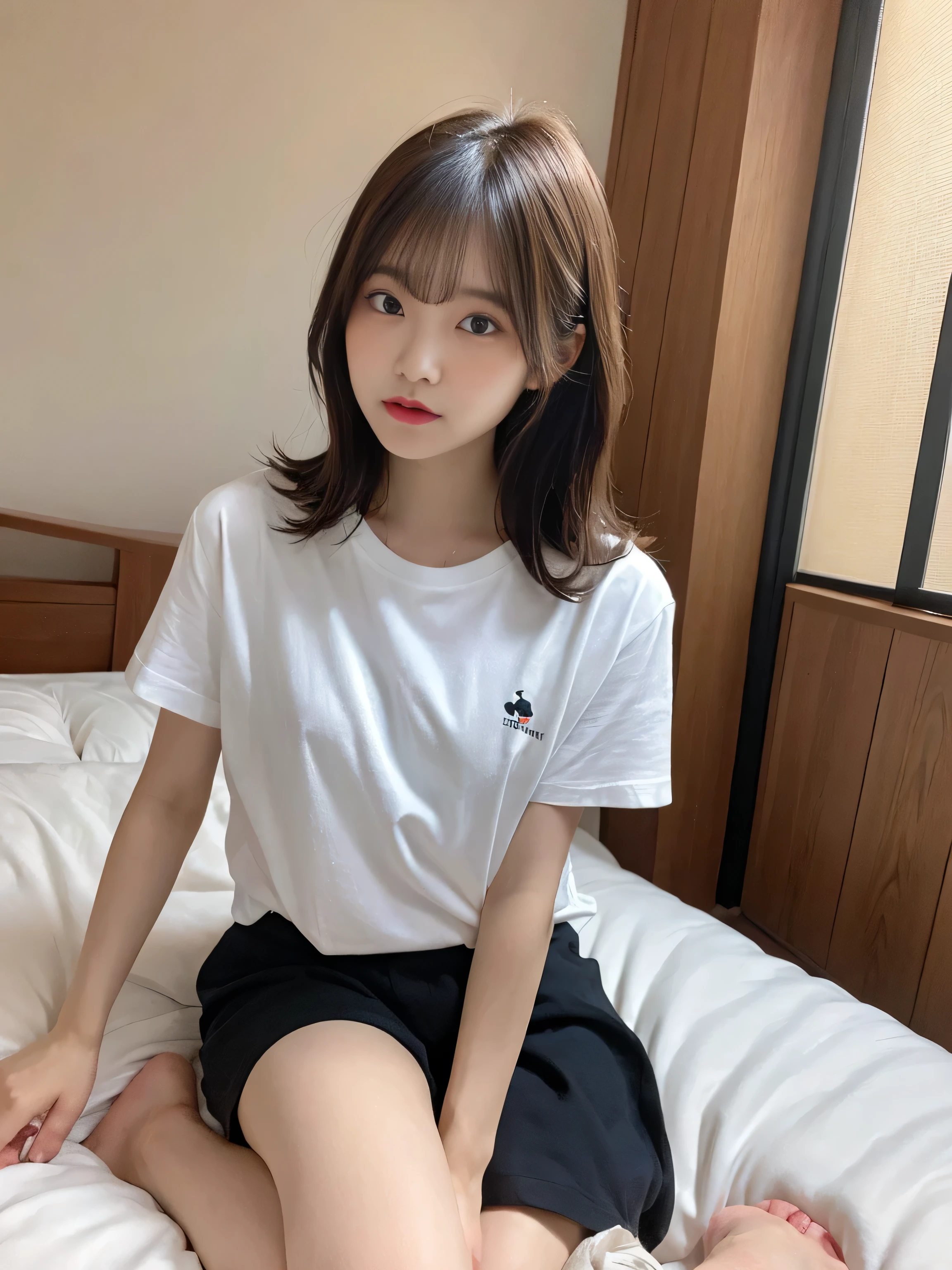 (Oversized_Shirt:1.1)、Oversized_Shirt、
Good Hand、4K、hight resolution、​masterpiece、top-quality、((Hasselblad photo))、foco nítido、(cinematlic lighting)、beautiful  lighting、dynamic ungle、[:(Detail Face:1.2):0.2]、Very pretty woman、Women of short stature、、Attractive paws、Emphasis on the thighs、thick thight、Beautiful legs、Ecchi thighs、White shirt、Healthy complexion、sit down and open legs