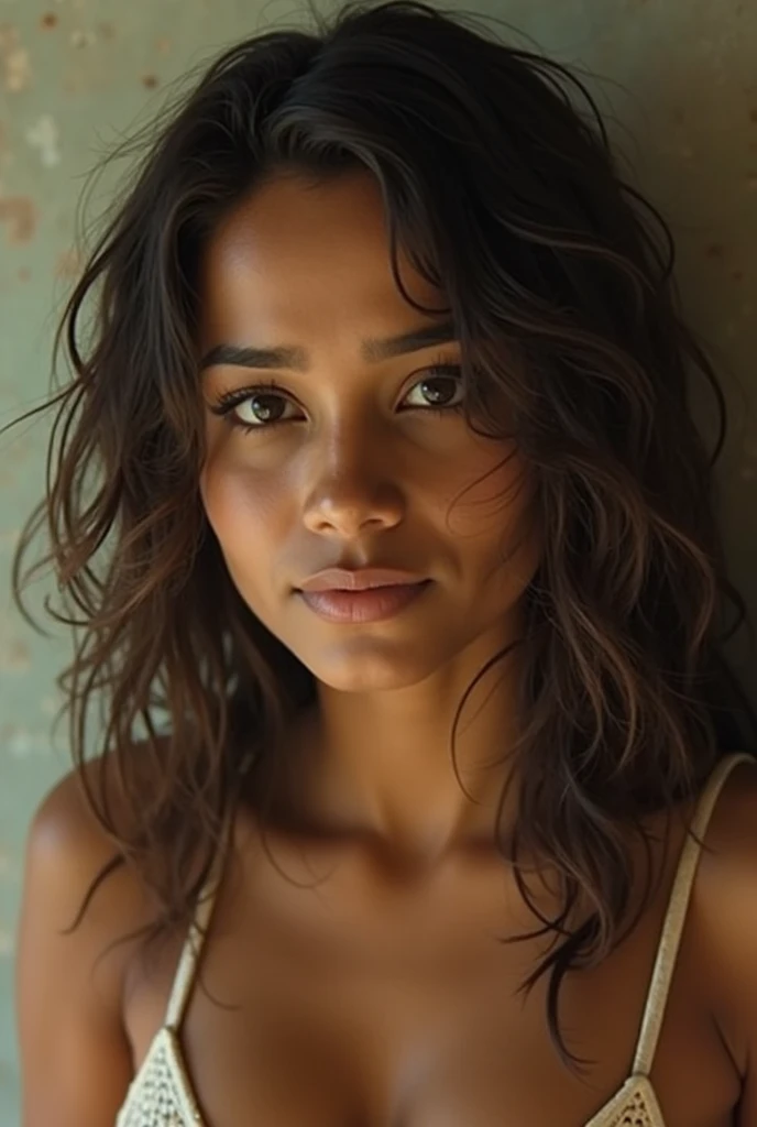 A photorealistic portrait of a insanely beautiful tanned Brazilian woman with no makeup, light tan, mixed race, extremely detailed dark brown eyes, detailed symmetric realistic face, extremely detailed natural texture, peach fuzz, messy windy hair, dark brown hair, masterpiece, award winning photo by Francesco Scavullo, nikon d850 film stock photograph, kodak portra 400 camera f1.6 lens, extremely detailed, amazing, fine detail, rich colors, hyper realistic lifelike texture, dramatic lighting, unrealengine, trending on artstation, cinestill 800 tungsten, looking at the viewer, photo realistic, RAW photo, TanvirTamim, high quality, highres, sharp focus, extremely detailed, cinematic lighting, 8k uhd