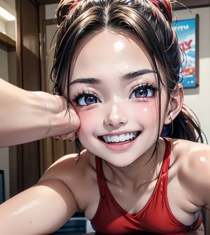There's a girl and a boy playing a game in bed, She is laughing, adolescente pequena quente, she is smiling and excited, bonito ligeiramente nerd sorriso, menina e bonito, imagem de qualidade muito baixa, playful and cheerful, sorriso, leve sorriso nerd, she is smiling and happy, grande sorriso em seu rosto, With eye Glasses