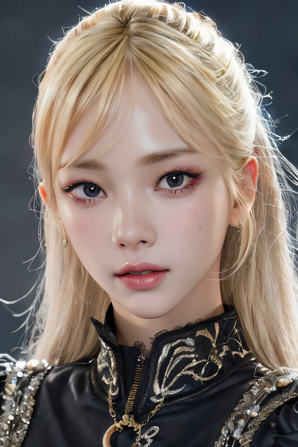 Top Quality, Masterpiece, Ultra High Resolution, (Photorealistic: 1.4), Raw Photo, 1 Girl, Blonde Hair, Glossy Skin, (Ultra Realistic Detail)), Portrait, Global Illumination, Shadows, Octane Rendering, 8K, Ultra Sharp, Big, Raw Skin, Metal, Intricate Ornament Details, Korea Details, Very intricate details, realistic light, CGSoation trend, purple eyes, glowing eyes, facing the camera, neon details,