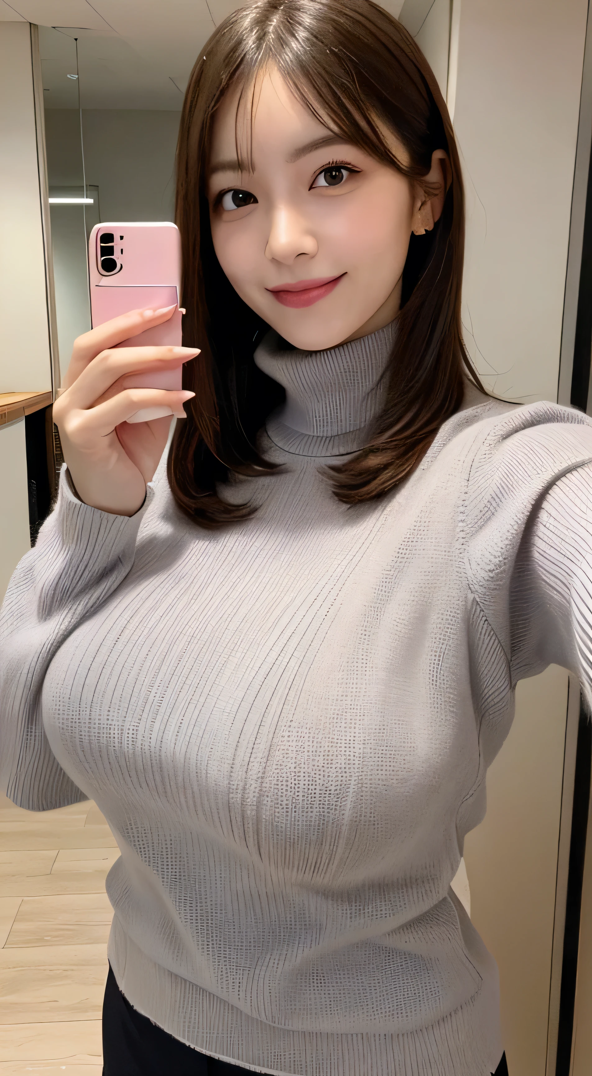 Highest quality,Very detailed,finely,High resolution,8k wallpaper,Perfect dynamic composition,office lady,whole body,Are standing,Pink knitwear,turtleneck, Gray straight hair,Hair loss,finelyて美しい目,Natural Lip,(Large saggy breasts:1.3),smile,,A woman takes a selfie in the mirror
