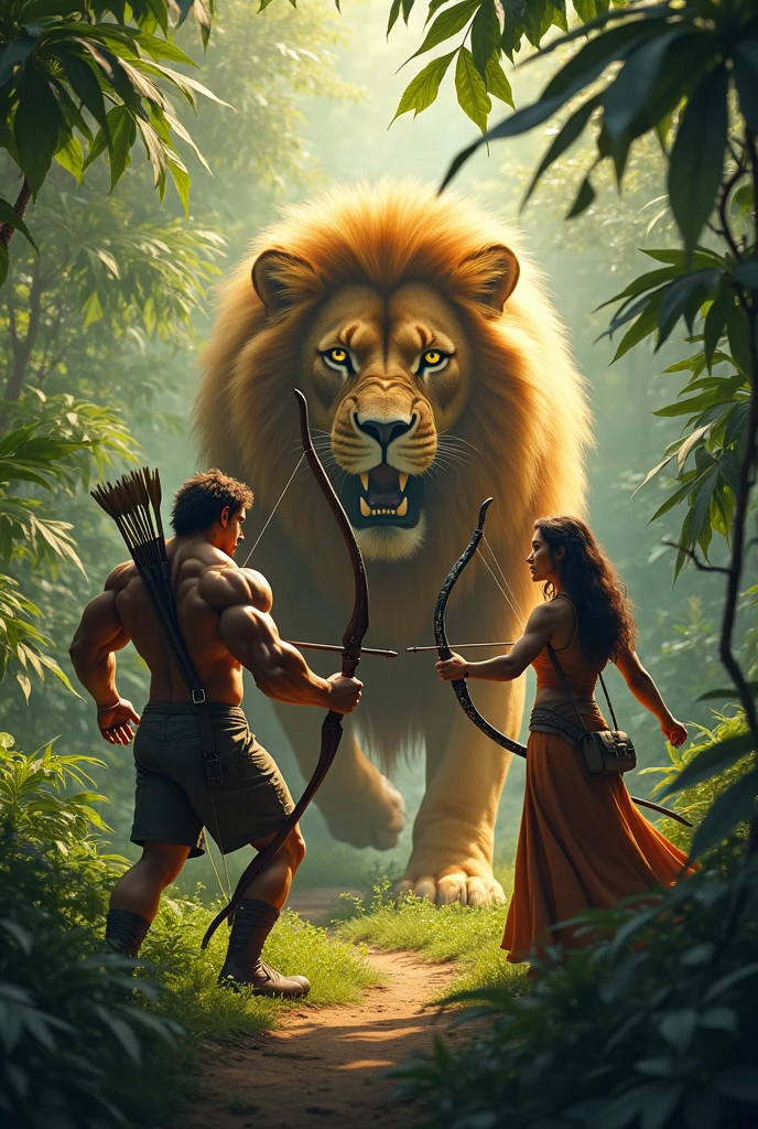 Handsome guy , Korean. He has very dark skin., yellow hair that reaches his waist with a side fringe. He has very masculine facial features. He is shirtless, in brown fur trousers and hoof-like shoes. He has a red heart pendant on his chest. He is squatting and shooting an arrow from a bow. Next to him, a kind jaguar. The background is dense thick ferns.